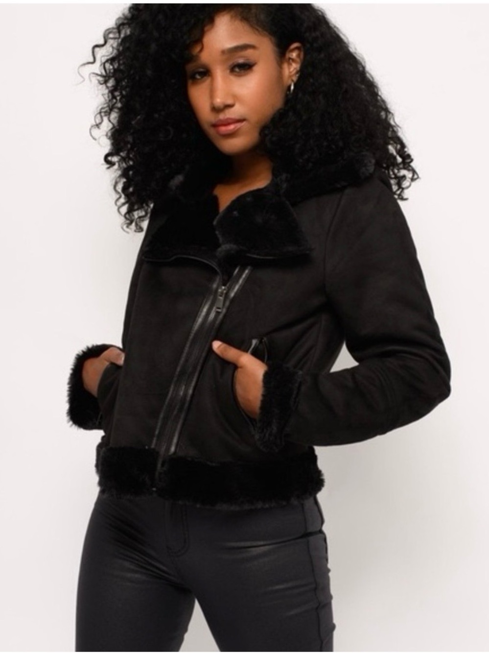 LA COALITION VEGAN SUEDE FAUX FUR TRIM JACKET